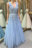 Blue Tulle V Neck Flower Beading Prom Dresses