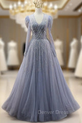 Blue Tulle V-neck Long Sleeve Beading Prom Dresses