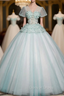 Blue Tulle V Neck Short Sleeve Flower Quinceanera Dresses
