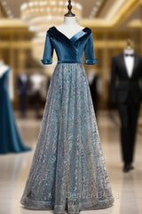 Blue Tulle V-neck Short Sleeve Sequins Prom Dresses