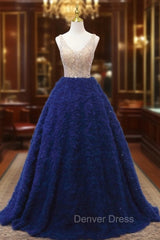 Blue Tulle V-neck Tiers Beading Prom Dresses