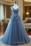 Blue Tulle V Neckline Long Prom Dress , Tulle Prom Dresses
