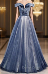 Blue Tulle Velvet Off the Shoulder Beading Prom Dresses