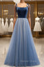 Blue Tulle Velvet Spaghetti Straps Open Back Prom Dresses