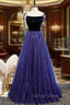 Blue Tulle Velvet Star Sequins Spaghetti Straps Prom Dresses