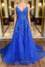 Blue Tulle with Lace A-line Floor Length Party Dresses Blue Junior Prom Dresses prom Dresses shops
