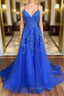 Blue Tulle with Lace A Line Floor Length Prom Dress Blue Junior Prom Dress shops