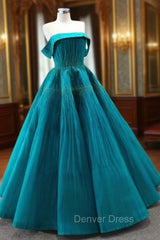Blue Tullle Strapless Pleats Beading Prom Dresses