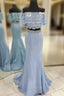 Blue Two-Piece Off-the-Shoulder Lace Mermaid Long Prom Dresses