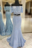 Blue Two Piece Off The Shoulder Lace Mermaid Long Prom Dresses