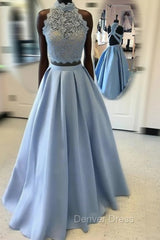 Blue Two Pieces Lace Long Prom Dresses, Blue Lace Evening Dresses