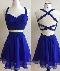 Blue Two Pieces Lace Short Prom Dress, Cute Homecoming Dress