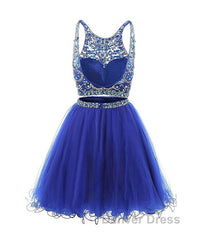 Blue two pieces tulle sequin beads short prom Dresses, blue homecoming