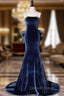 Blue Unique Mermaid Velvet Long Prom Dresses, Velvet Formal Evening Dresses