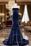 Blue Unique Mermaid Velvet Long Prom Dress, Velvet Prom Dresses