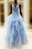 Blue V Neck Lace Long Prom Dress, Blue Tulle Layers Prom Dresses