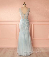 Blue V Neck Lace Tulle Long Prom Dresses, Blue Lace Evening Dresses For Teens
