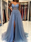 Blue V Neck Open Back Beaded Long Prom Dress High Slit Prom Dress shops