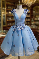Blue V-neck Organza Homecoming Dresses