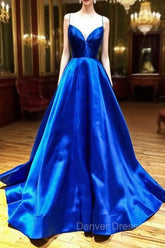 Blue V-Neck Satin Long Evening Dresses, A-Line Backless Prom Dresses