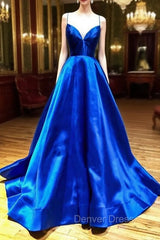Blue V-Neck Satin Long Evening Dresses, A-Line Backless Prom Dresses