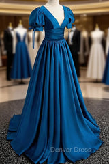 Blue V-Neck Satin Long Prom Dresses, A-Line Short Sleeve Evening Dresses