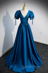 Blue V-Neck Satin Long Prom Dresses, A-Line Short Sleeve Evening Dresses