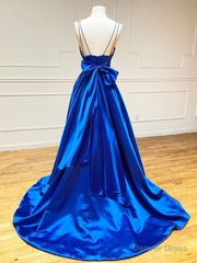 Blue v neck satin long prom dress, blue evening dress