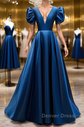 Blue v neck satin long prom Dresses blue satin evening Dresses