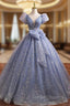 Blue V Neck Shiny Tulle Long Prom Dress, A Line Short Sleeve Prom Dresses