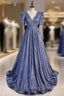 Blue V Neck Starry Gradient Cloth Short Sleeve Prom Dresses