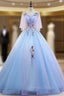 Blue V Neck Tulle Appliques Beading Floor Length Quinceanera Dresses