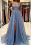 Blue V-Neck Tulle Beading Long Prom Dress, Blue Graduation Dresses