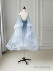 Blue V Neck Tulle Beads Short Prom Dress, Blue Tulle Formal Dress
