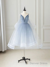 Blue V Neck Tulle Beads Short Prom Dress, Blue Tulle Formal Dress