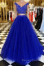 Blue v neck tulle beads two pieces long prom Dress, blue Prom Dresses