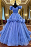 Blue V Neck Tulle Prom Dress with Flowers, Blue Prom Dress Sweet 16 Dresses