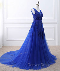 Blue V Neck Tulle Lace Long Prom Dresses, Blue Evening Dresses