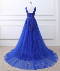Blue V Neck Tulle Lace Long Prom Dresses, Blue Evening Dresses