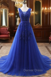 Blue V Neck Tulle Lace Long Prom Dresses, Blue Evening Dresses