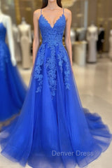 Blue V Neck Tulle Lace Long Prom Dresses, Blue Tulle Evening Dresses