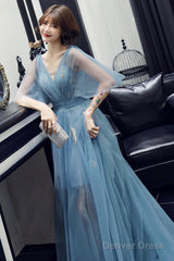 Blue V-Neck Tulle Long Prom Dreses, A-Line Evening Dresses