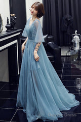 Blue V-Neck Tulle Long Prom Dreses, A-Line Evening Dresses