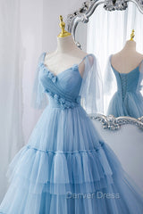 Blue V-Neck Tulle Long Prom Dresses, A-Line Evening Party Dresses