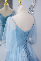 Blue V-Neck Tulle Long Prom Dresses, A-Line Evening Party Dresses