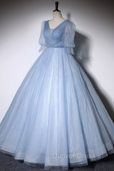 Blue V-Neck Tulle Long Prom Dresses, A-Line Formal Evening Dresses