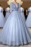 Blue V-Neck Tulle Long Prom Dresses, A-Line Formal Evening Dresses