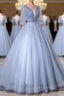 Blue V Neck Tulle Long Prom Dress, A Line Prom Dresses