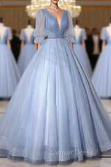 Blue V-Neck Tulle Long Prom Dresses, A-Line Formal Evening Dresses