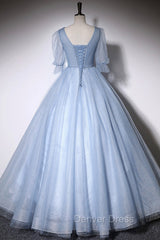 Blue V-Neck Tulle Long Prom Dresses, A-Line Formal Evening Dresses